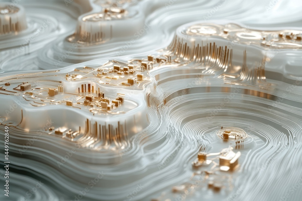 Poster abstract 3d render of a topographic landscape with gold circuitry, resembling a futuristic city or m