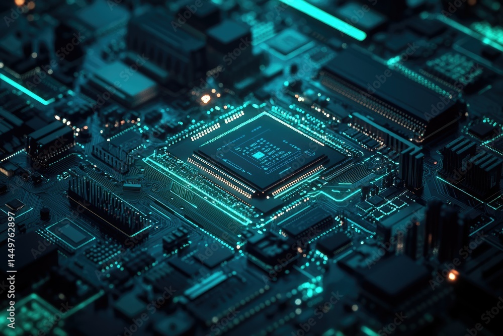 Poster Close-up view of a circuit board with a central processor, showcasing intricate technological details.