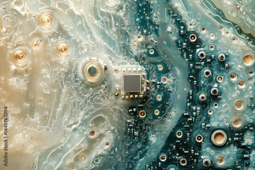 Aufkleber close-up of a damaged circuit board submerged in a translucent liquid, revealing intricate details.