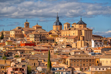 Panoramic view of Toledo with Alcazar castle at sunset, Castilla-La Mancha, Spain