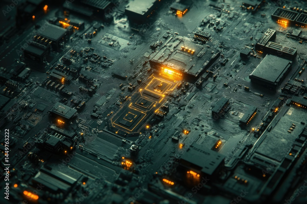 Poster Close-up view of a complex circuit board with glowing components, depicting advanced technology.