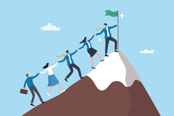 Team achievement, teamwork to success together, colleagues support or leadership to lead team to overcome challenge, cooperation concept, business people team member help others reach mountain peak.