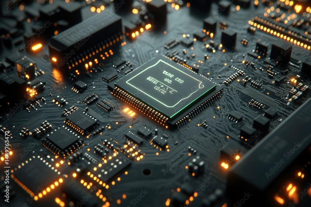 Poster Close-up of a computer CPU integrated into a circuit board, showcasing intricate technological details.