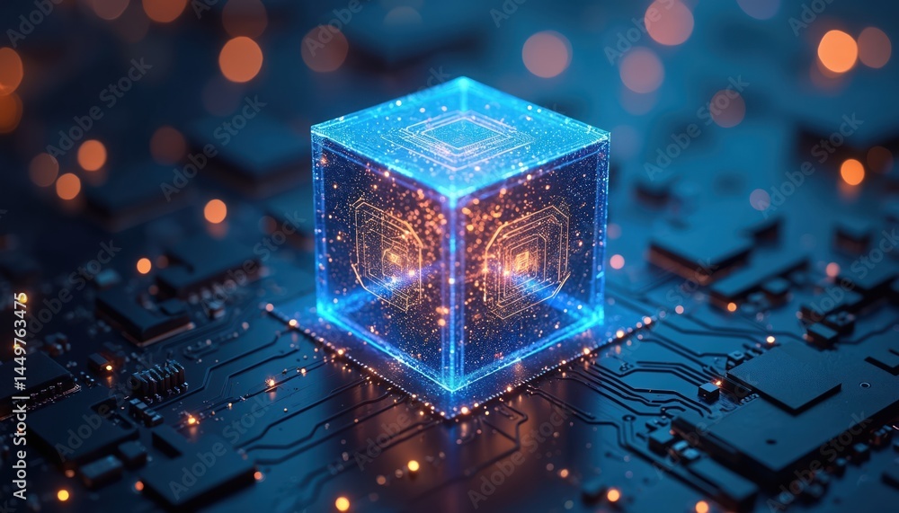 Poster futuristic tech design with blue glowing cube. technology concept circuit board processor, informati