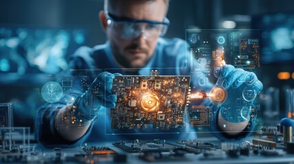 Focused engineer examines circuit board with holographic interface