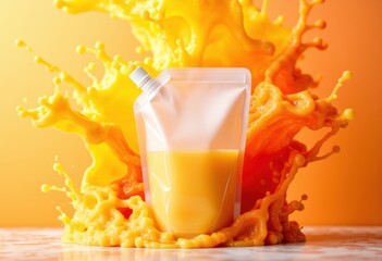 Fototapeta na wymiar Vibrant orange juice splash with a pouch in the center