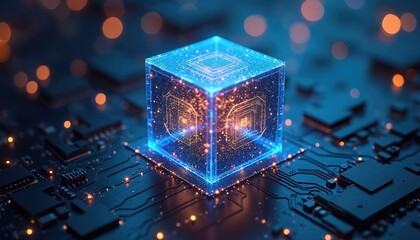 Futuristic tech design with blue glowing cube. Technology concept circuit board processor, information flow with light effects. Modern design represents digital era business innovation data