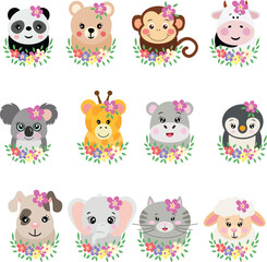 Set of Cute Animal Faces with Floral Decorations