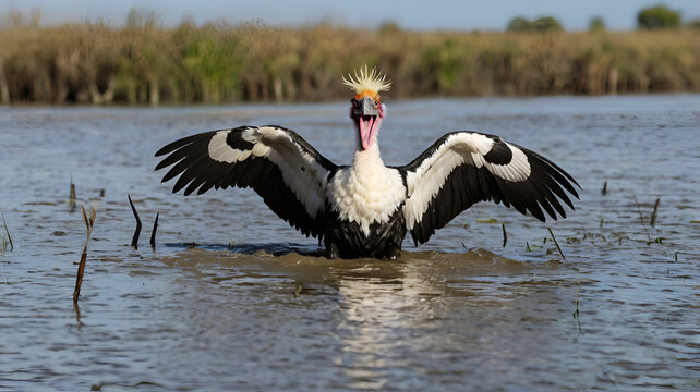 horned screamer A horned screamer wades through the flooded wetlands of South America, its crown adorned with a single unicorn-like spike