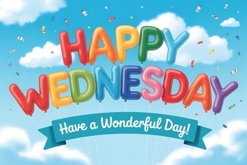 Cheerful happy wednesday message with colorful balloon letters on blue sky