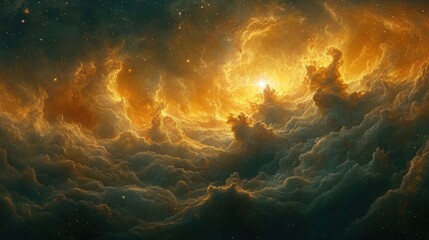 Celestial nebulae display of vibrant golden clouds.