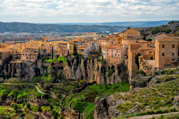 Cuenca, Castile-La Mancha, Spain. Houses hanging on a cliff edge in the old town of Cuenca. Travel and Tourism in Europe