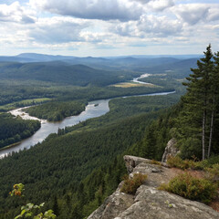 Scenic aerial view of the mountain landscape with a forest and the crystal blue river