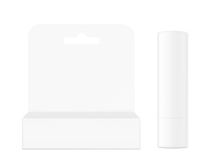 Hanging packaging box mockup with lip balm care mockup. Front view. Vector illustration isolated on grey background. Ready and simple to use for your design. EPS10.