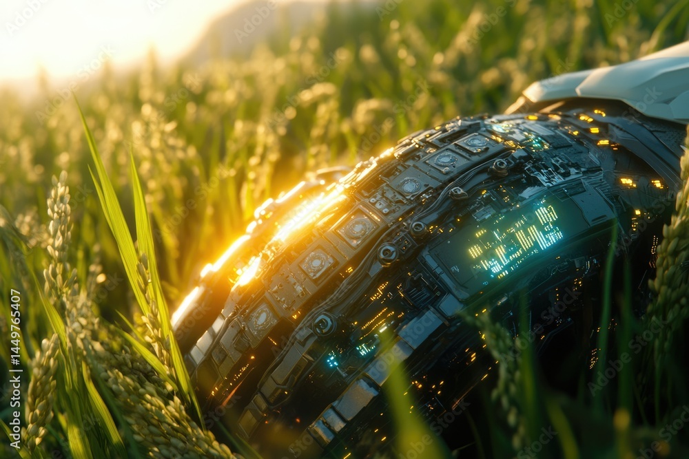 Poster futuristic technology rests in a sunlit field of green grass, showcasing advanced circuitry and desi