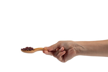 Red beans isolated on spoon wooden in hand on transparent background