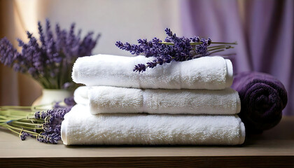 Serene spa-like image featuring a stack of fluffy white towels adorned with fresh lavender.  Perfect for advertising relaxation, wellness, hygiene, or hospitality.  Ideal for websites, brochures, or