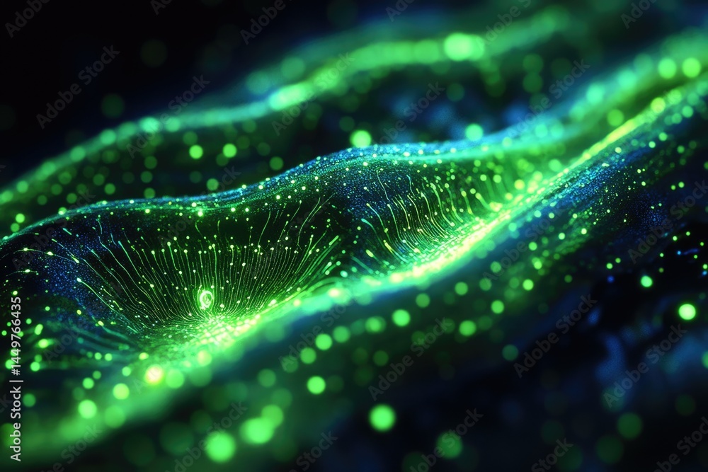 Aufkleber Abstract digital wave of glowing green and blue particles, a mesmerizing visual representation of data flow.