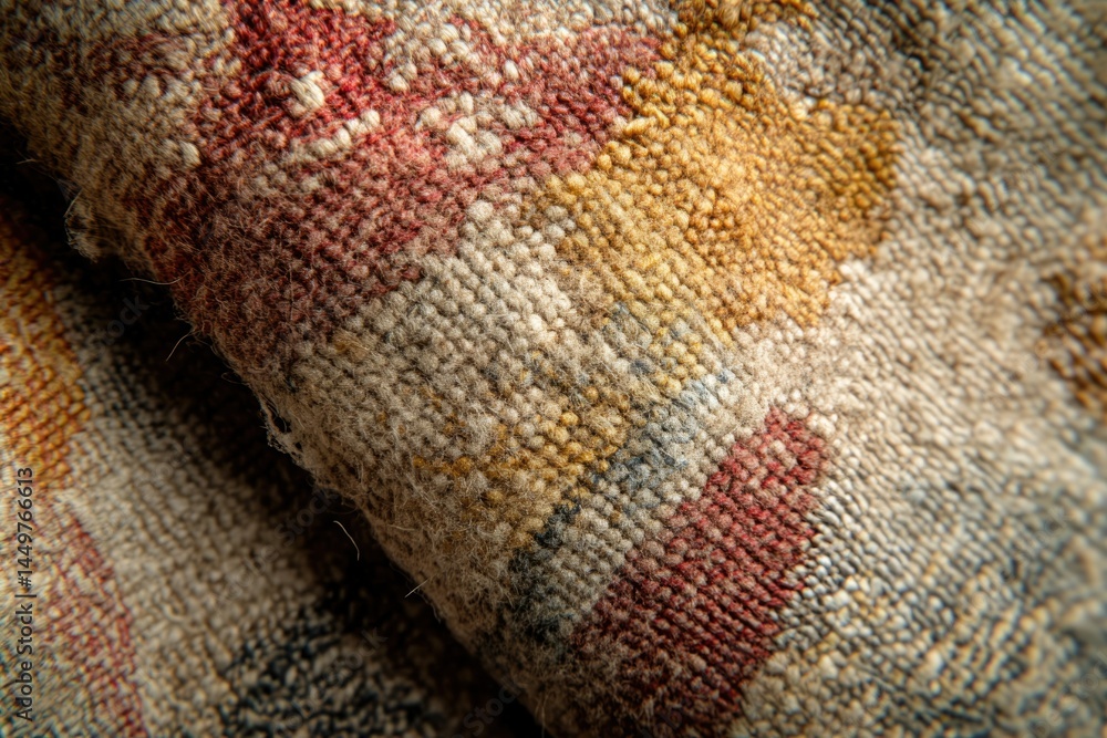 Aufkleber close-up of a textured rug with muted earth tones, showcasing intricate woven patterns and a soft, f