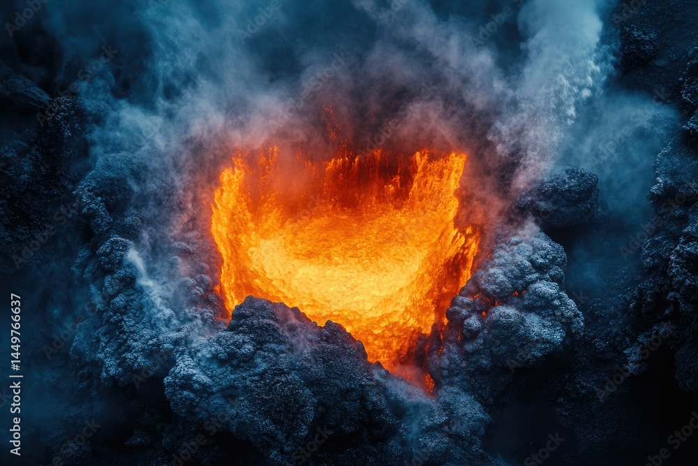 Poster molten lava glows intensely within a volcanic crater, billowing smoke creating a dramatic scene.