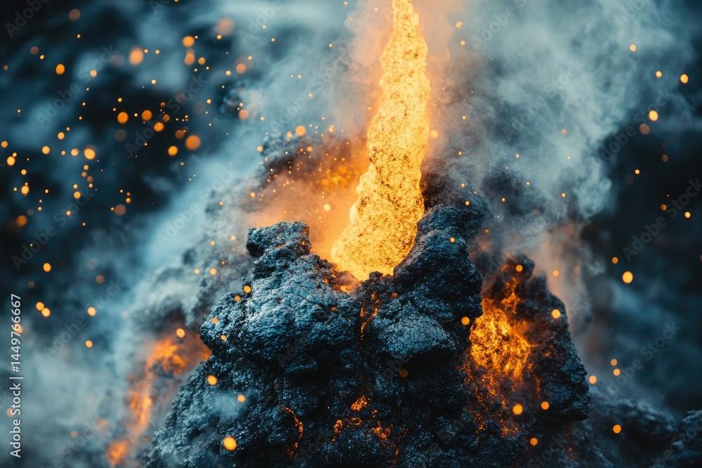 Aufkleber molten lava flows intensely, creating a fiery spectacle amidst dark rocks and sparks.