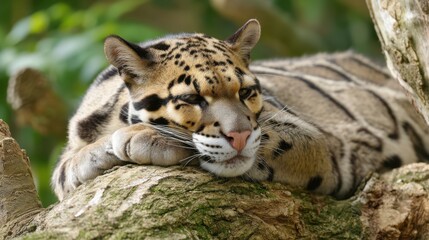 Obraz premium Resting Clouded Leopard: Close-up Portrait on Mossy Branch