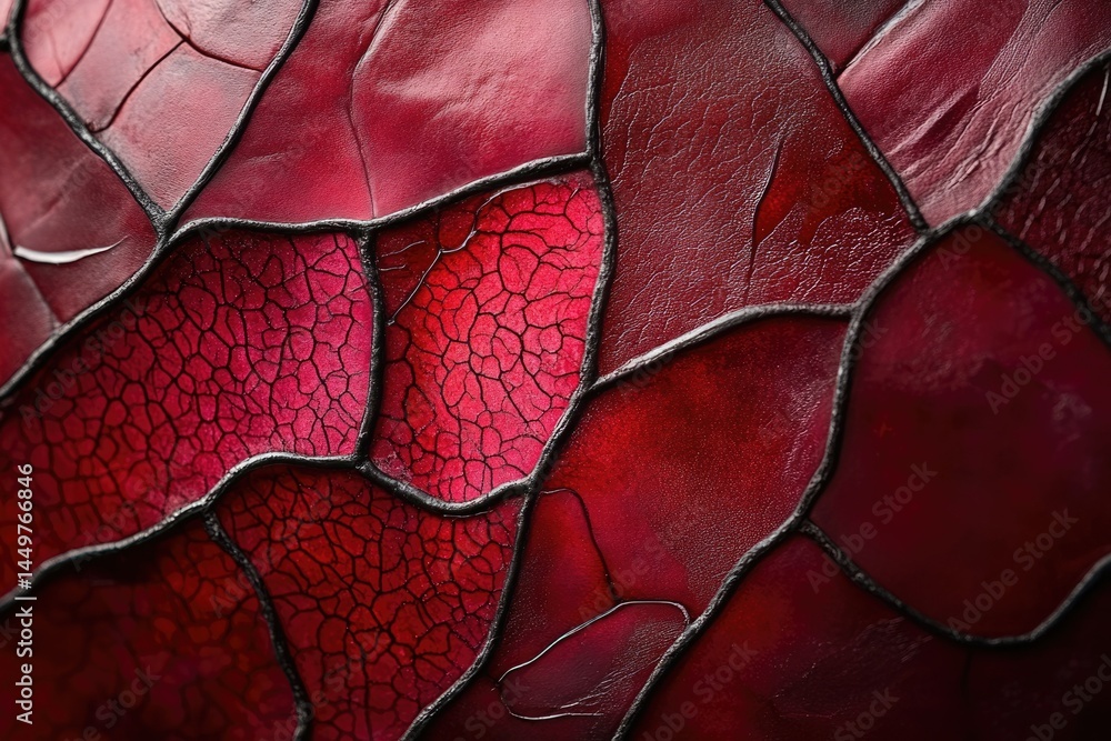 Fototapete Abstract close-up of deep red cracked surface with black lines creating a mosaic-like pattern.