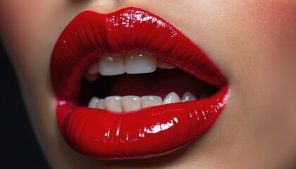 Obraz premium Close-up of stunning red glossy lips, emphasizing vibrant makeup look. Woman lips are open, showing white teeth. Bold lip gloss make-up, beauty, skincare. Fashion, glamour, makeup look.