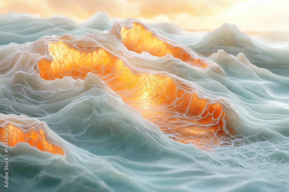 Poster abstract landscape of surreal glowing waves and soft light, ethereal and dreamy.