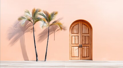 Wooden Arch Door and Palm Trees Against a Peach Wall