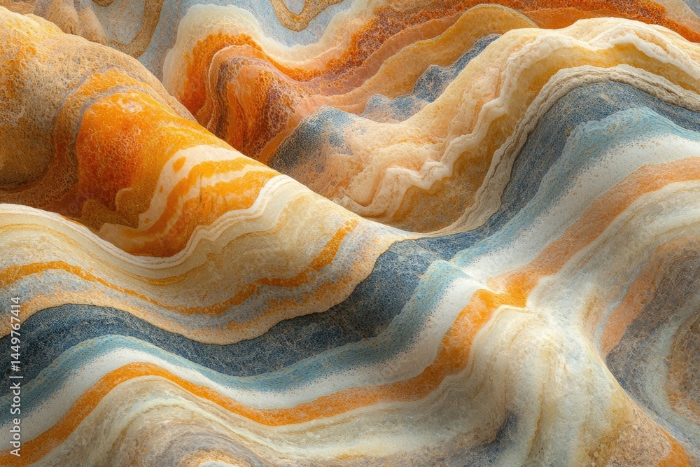 Poster abstract image of undulating layers in orange, beige, and blue hues resembling a textured landscape 