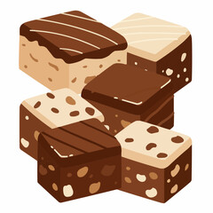 Close-up of delicious looking cakes with brown toppings, layered. Simple food art