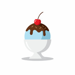 Cartoon style ice cream with chocolate sauce and a cherry on top on white background