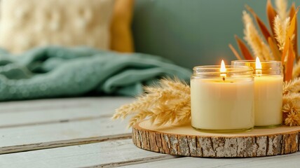 Two candles sitting on top of a wooden table next to a pile of wheat