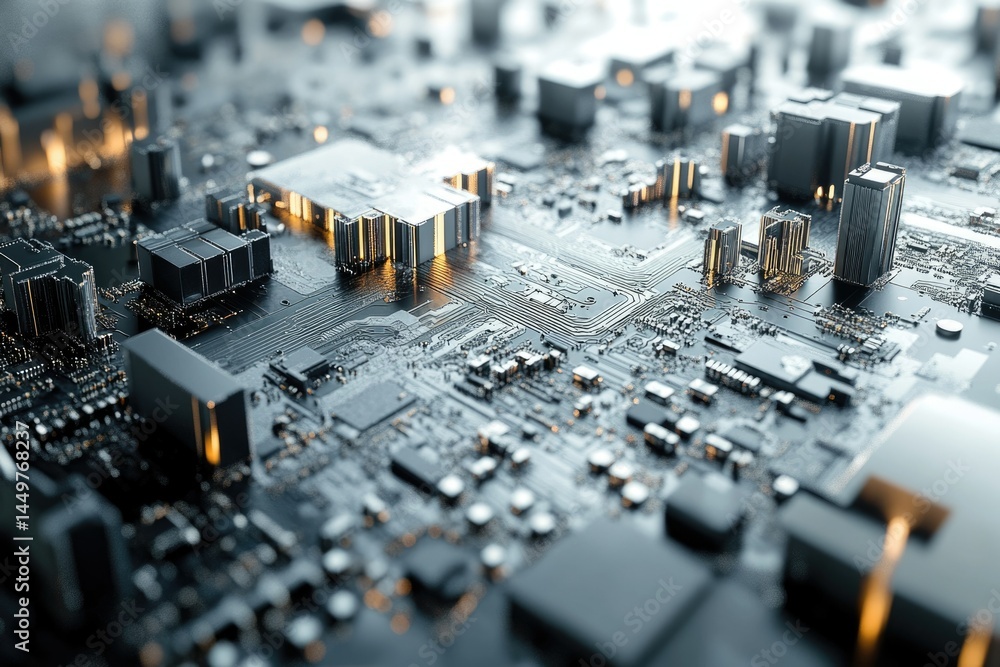 Poster a detailed close-up of a complex circuit board, resembling a futuristic cityscape.