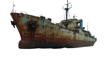 Naadloos Fotobehang Airtex Abandoned Rusted Cargo Ship Partially Submerged in Shallow Waters Near a Deserted Coastline © Ukrainian