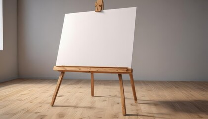 Wooden easel legs and base support a large blank canvas ,  detail,  tools