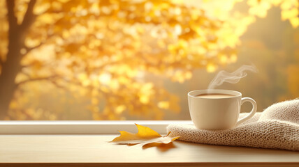 Cozy autumn morning scene with steaming cup of coffee and warm leaves