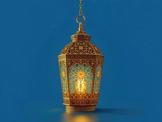 Intricate Arabic Lantern & Crescent Moon, Blue Background, 4K