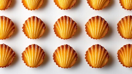 Obraz premium Top down shot of freshly baked French madeleine sponge cake scalloped shell shape placed neatly white surface classic golden brown treat France perfect tea time cut out isolated transparent background