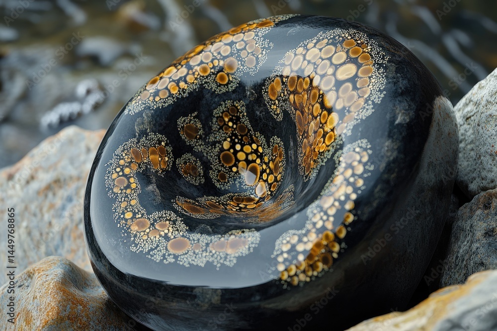 Poster a dark, glossy bowl with a unique pattern of golden circles and specks, resting on rocks.