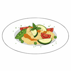 Plate of pasta with tomatoes, basil, peas, and zucchini, with bright, colorful design