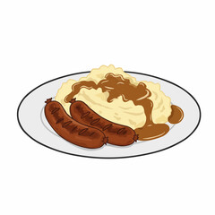 Illustration of bangers and mash with gravy on a plate, a comfort food