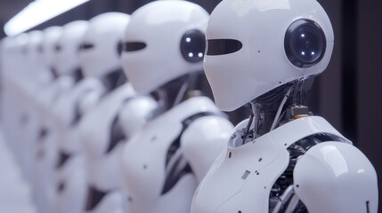 Fototapeta premium Serene Squadron: A Line of Futuristic Robots in a Minimalist Environment
