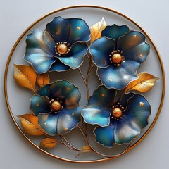 Blue metallic flowers, gold leaves, circular frame, art piece, home decor