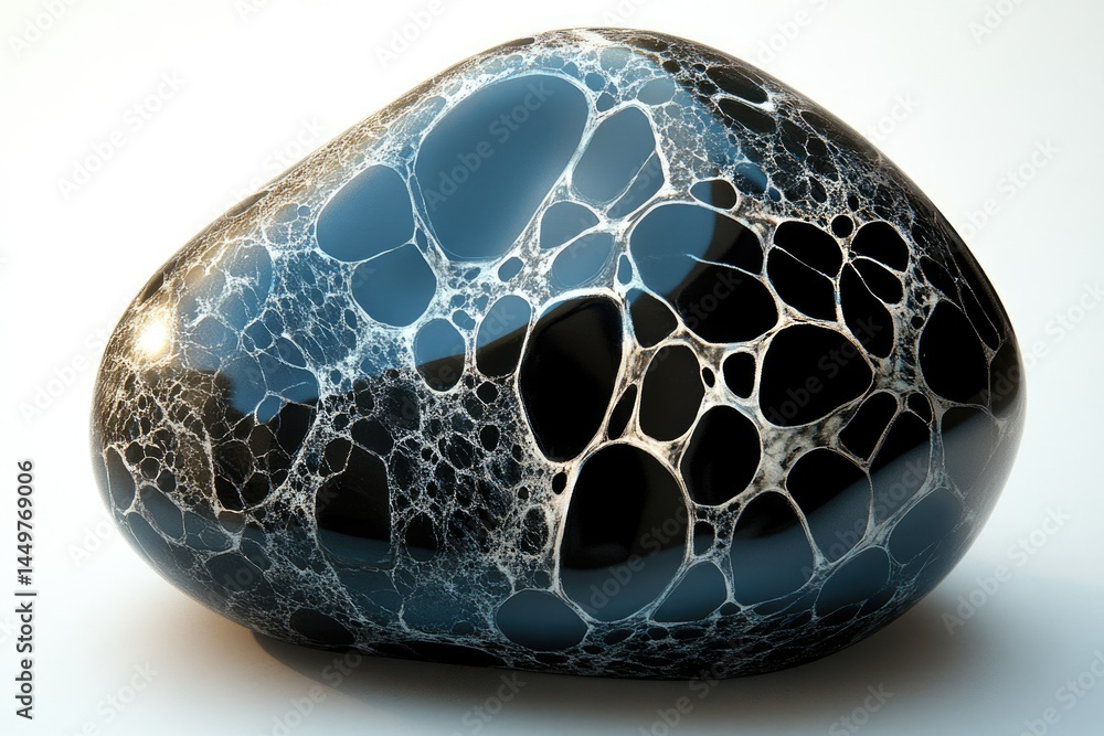 Aufkleber A smooth, dark, pebble-like object with a unique, web-like pattern of white veins throughout its surface.