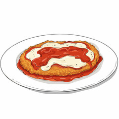 An illustrative dish with breaded meat, sauce, & cheese on a plate