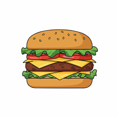Cartoon-style burger with sesame bun, lettuce, tomato, & cheese on white