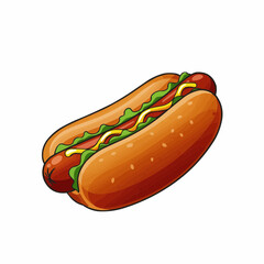 Cartoon style hotdog with mustard, lettuce and tomato slices filling the bun