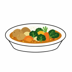 Close-up view of a dish filled with rice, potatoes, carrots, broccoli, and spinach